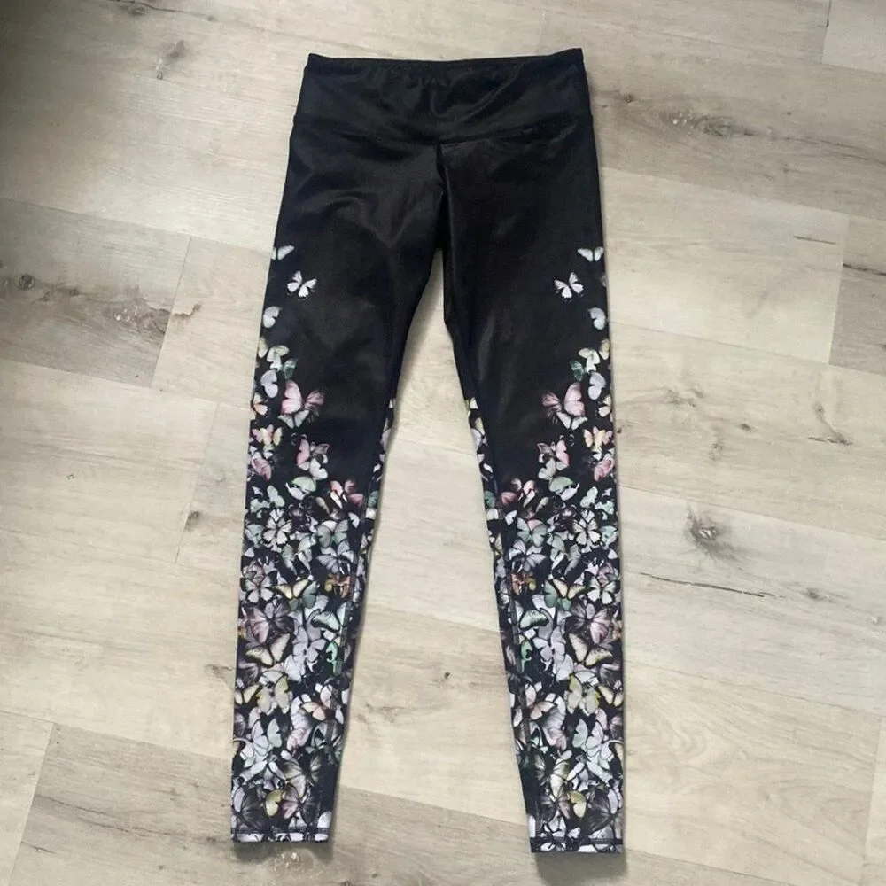 Alo Yoga Women's Black Multicolor Butterflies Ankle Compression Leggings Sz XS